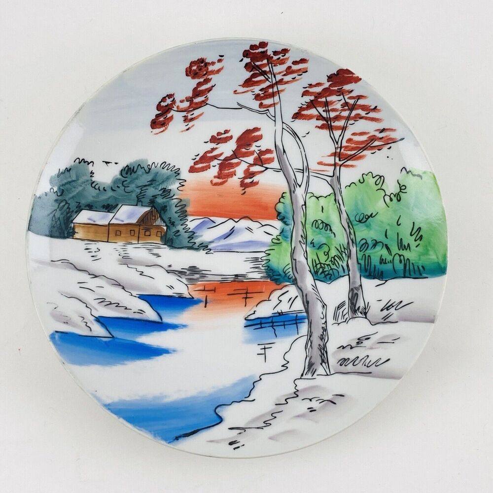 Vintage Nippon Japan Hand Painted Plate Trees Cottage River 8" Sunset Scenery